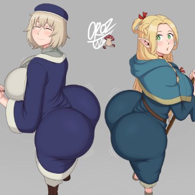 dungeon meshi, falin touden, marcille donato, oroz-kun, 2girls, ass, blonde hair, breasts, closed eyes, clothed, dat ass, elf, elf ears, elf female, female