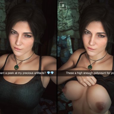 tomb raider, lara croft, drdabblur, areolae, big breasts, breasts, breasts out, busty, female, female focus, female only, flashing, flashing breasts, nipples, selfie