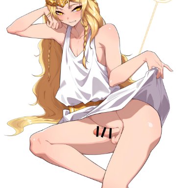 elden ring, fromsoftware, miquella, artist request, 1boy, barefoot, blonde hair, braided hair, dress, dress lift, feet, femboy, golden eyes, long hair, sissy