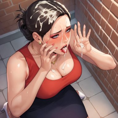 landlord's little daughter, queen bee (manhwa), ami ahn (queen bee), mrs. ahn, alex schura, alex-schura, 1girls, after fellatio, alley, bare shoulders, black hair, black skirt, blush, breasts, brown hair