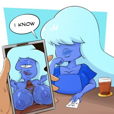 cartoon network, steven universe, sapphire (steven universe), spakka5, 2d artwork, ass, beverage, big breasts, blue eyes, blue hair, breasts, cyan hair, dark skin, dark-skinned male, drink