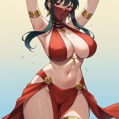 spy x family, yor briar, yor forger, ghost141000, 1girls, alternate costume, arabian clothes, armlet, armpits, arms up, bangs, bare shoulders, belly dancer, belly dancer outfit, bikini