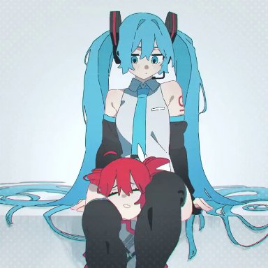 utau, vocaloid, hatsune miku, kasane teto, kushiro yuu, 2girls, ahoge, aqua eyes, aqua hair, aqua necktie, bare shoulders, black sleeves, black thighhighs, closed eyes, closed mouth