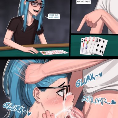 blu (bdone), bdone, 2boys, balls, blowjob, blue eyes, blue hair, blush, blush lines, card, card game, cards, cum, cum drip, cum in mouth