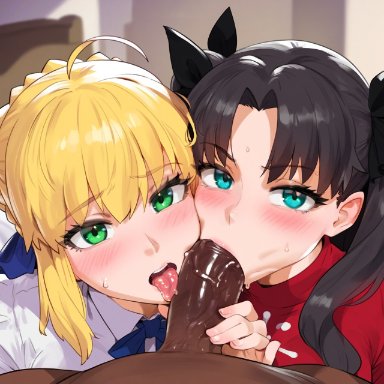 fate (series), fate/stay night, artoria pendragon, tohsaka rin, ded 173, cooperative fellatio, dark-skinned male, fellatio, huge cock, interracial, pov, ai generated