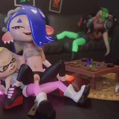 splatoon, splatoon 2, splatoon 3, marina (splatoon), pearl (splatoon), shiver (splatoon), hipminky, 1futa, 2girls, bouncing breasts, breasts, futa on female, futanari, gynomorph, gynomorph/female