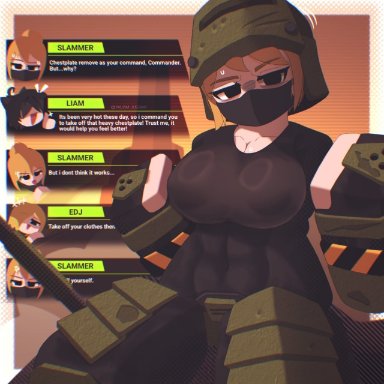 roblox, tower defense x, slammer (tower defense x), armor, big breasts, black shirt, breasts, helmet, skin tight, tagme, text