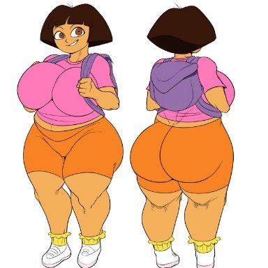 dora the explorer, dora marquez, detnox, 1girls, backpack, bowl cut, brown eyes, brown fur, brown skin, female, female only, looking at viewer, massive ass, massive breasts, orange shorts