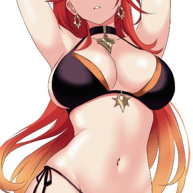 genshin impact, mavuika (genshin impact), spaceroo, 1girls, arms up, big breasts, bikini, breasts, earrings, female, large breasts, red eyes, red hair, solo, solo female