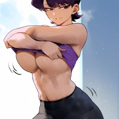 komi-san wa komyushou desu, komi shuuko, erotic nansensu, big breasts, gym, gym clothes, muscular female, smile, sports bra, sportswear, stripping, thick thighs, ai generated