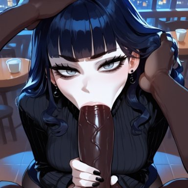 bella (xandr), xandr, 1girls, ass, bangs, big penis, black earrings, black hair, black makeup, blunt bangs, breasts, choker, dark-skinned male, dominant male, ear piercing