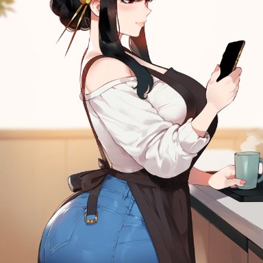 spy x family, yor briar, yor forger, miyuai, 1girls, apron, ass, bangs, bare shoulders, black apron, black hair, blue pants, blush, breasts, cellphone