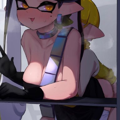 nintendo, splatoon, splatoon 2, splatoon 3, agent 4 (splatoon), callie (splatoon), inkling, hizake, kashu (hizake), + +, 1boy, 1boy1girl, 1girls, after vaginal, bangs