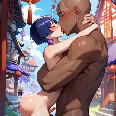 genshin impact, scaramouche (genshin impact), kokizi, 2boys, ass, big penis, bubble butt, dark-skinned male, earrings, exhibitionism, femboy, french kiss, gay, kissing, light-skinned male