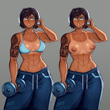 avatar legends, avatar the last airbender, the legend of korra, korra, the avatar, iahfy, 1girls, abs, arm tattoo, biceps, bikini, bikini top only, blue bikini, blue eyes, bra