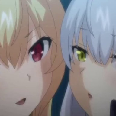 2girls, blonde hair, blue hair, cute, female/female, hentai, kissing, lips, make out, making out, red eyes, saliva, shy, white skin, younger female