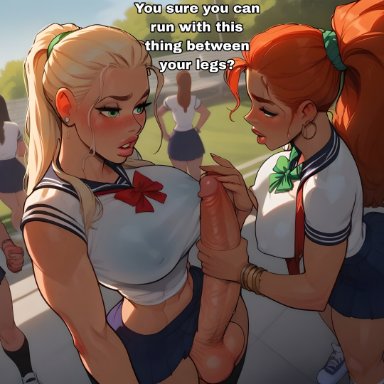 supermanson, blonde hair, erection, female, futanari, grabbing penis, green eyes, horny, huge breasts, huge cock, people in background, ponytail, red hair, school uniform, schoolgirl