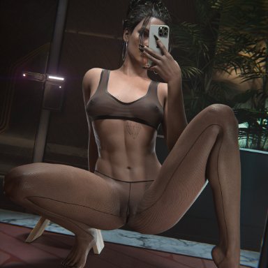 cd projekt red, cyberpunk (series), cyberpunk 2077, panam palmer, checkpik, 1girls, abs, areolae, breasts, brown hair, female, female focus, female only, fishnet legwear, fishnets