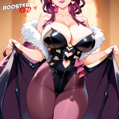 darkstalkers, honkai: star rail, kafka (honkai: star rail), morrigan aensland, morrigan aensland (cosplay), boosterred99, alternate costume, animal print, bare shoulders, bat wings, black leotard, cosplay, earrings, large breasts, leotard