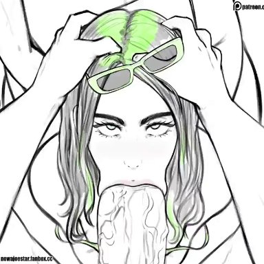 billie eilish, nowajoestar, 1girl2boys, 1girls, 2boys, 2boys1girl, anal, anal sex, ass, big penis, black and green hair, black hair, blowjob, blowjob face, blowjob gesture