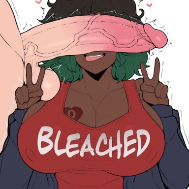 original character, artist request, horu, big breasts, big penis, bleached, dark skin, dark-skinned female, dyed hair, huge breasts, interracial, light skin, light-skinned female, peace sign, penis on face