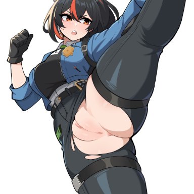 zenless zone zero, zhu yuan, maidcousin, anus, belt, black belt, black hair, black pants, blue jacket, breasts, english commentary, female, flexible, jacket, large breasts