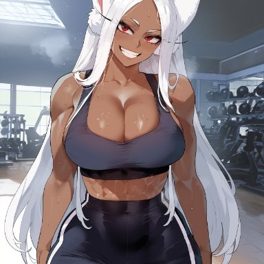 boku no hero academia, my hero academia, miruko, creamy ai, cleavage, curvy, dark-skinned female, gym, large breasts, long eyelashes, rabbit ears, rabbit girl, red eyes, shorts, sports bra