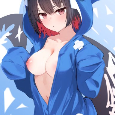 hololive, zenless zone zero, ellen joe, gawr gura (cosplay), blush, dot mouth, embarrassed, hoodie, medium breasts, nipples, shark girl, shark hoodie, shark tail, sleeves past wrists, worried