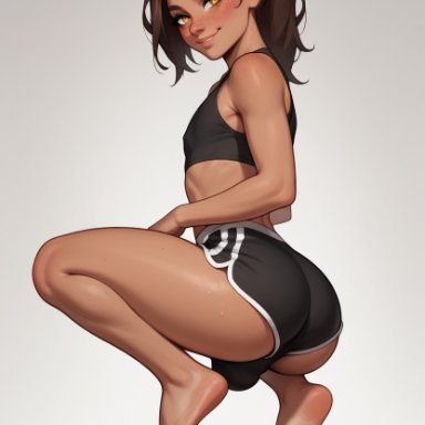 aidreamcrush, ass, blush, bulge, eyes, femboy, freckles, hair, ponytail, seductive, shorts, solo, squatting, sweaty, ai generated