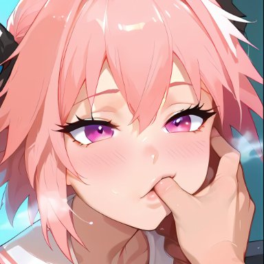 fate (series), astolfo (fate), viviai, 2boys, bangs, blush, braid, braided hair, braided ponytail, cute, cute face, eyelashes, femboy, finger in mouth, finger to mouth