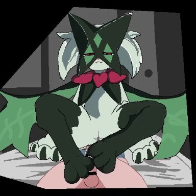 nintendo, pokemon, generation 9 pokemon, meowscarada, pokemon (species), sky necko, 3 toes, anthro, bodily fluids, cum, cumshot, digitigrade, duo, ejaculation, erection