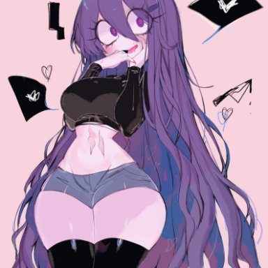 doki doki literature club, yuri (doki doki literature club), usa37107692, 2d (artwork), 2d artwork, ass, big breasts, black shirt, black skirt, breasts, denim, denim shorts, female, hair, jean shorts