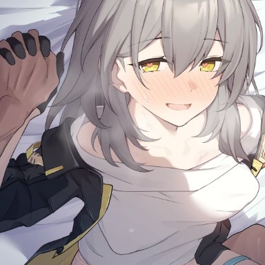 honkai (series), honkai: star rail, stelle (honkai: star rail), trailblazer (honkai: star rail), shirotategosha, :d, 1boy, black gloves, black jacket, blush, breasts, female, gloves, grey hair, hair between eyes