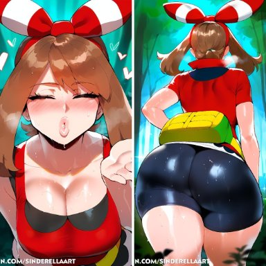 pokemon, pokemon oras, may (pokemon oras), may (pokemon), sinderellaart, 1girls, ai generated, ass, big ass, big breasts, big butt, black shorts, breasts, huge breasts, large ass