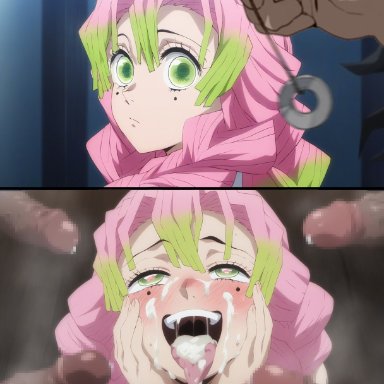 demon slayer, kimetsu no yaiba, kanroji mitsuri, 1girls, ahe gao, ahegao face, before and after, blush, cum, cum on face, erection, facial, female, gangbang, green eyes