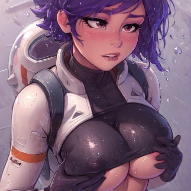 overwatch, overwatch 2, juno (overwatch), meat master, grabbing breasts, medium breasts, nipples, violet hair, ai generated