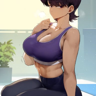 komi-san wa komyushou desu, komi shuuko, erotic nansensu, big breasts, fit female, looking at viewer, milf, sports bra, tank top, thick thighs, voluptuous, voluptuous female, yoga pants, ai assisted, ai generated