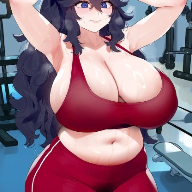 nintendo, pokemon, pokemon xy, hex maniac, 1girls, adjusting hair, armpits, belly, breasts, busty, chubby, chubby female, cleavage, clothing, female