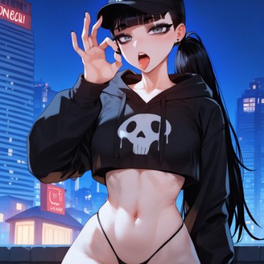 bella (xandr), xandr, 1girls, ass, bangs, black earrings, black hair, black makeup, blunt bangs, breasts, cap, choker, crop top, crop top hoodie, ear piercing