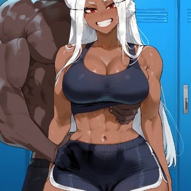 boku no hero academia, my hero academia, miruko, creamy ai, 1boy, cleavage, curvy, dark-skinned female, dark-skinned male, female, grabbing from behind, large breasts, locker room, long eyelashes, rabbit ears