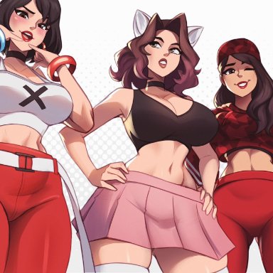 fortnite, fortnite: battle royale, alyssa bandicoot (oc), evie (fortnite), ruby (fortnite), magaska19, 3girls, animal ears, big breasts, black hair, bracelets, cap, choker, clothed, clothing