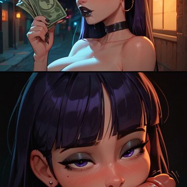 disney, the incredibles, the incredibles 2, violet parr, meat master, blowjob, breasts, choker, looking at viewer, money, prostitution, violet eyes, violet hair, ai generated