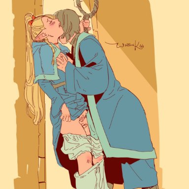 delicious in dungeon, dungeon meshi, falin touden, marcille donato, wintonkidd, 2girls, bloomers, blush, breast grab, breasts, choker, closed eyes, clothed sex, dress down, elf ears