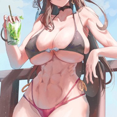 genshin impact, beidou (genshin impact), dotthebot, 1girls, abs, bare arms, bare legs, bare shoulders, bare thighs, big breasts, bikini, bikini bottom, bikini top, brown hair, clothed