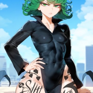 one-punch man, tatsumaki, creamy ai, 1girls, annoyed, annoyed expression, bare legs, bare thighs, big hips, big thighs, black dress, breasts, clothed, clothing, dress