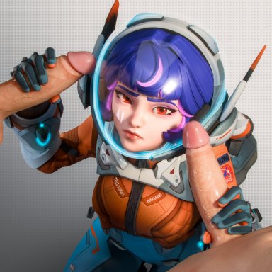 overwatch, overwatch 2, juno (overwatch), eclairstones, 1boy, 2boys, bangs, blue hair, blunt bangs, bodysuit, breasts, clothed female, clothed female nude male, clothing, double handjob