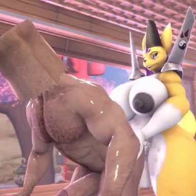 digimon, digimon (species), taomon, rayhuma, 1boy, 1futa, anal, anal sex, anthro, anthro on human, anthro penetrating, anthro penetrating human, ass, bag over head, balls