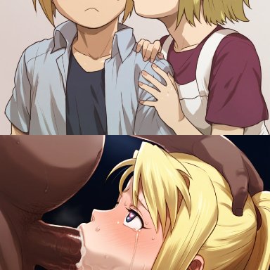 fullmetal alchemist, fullmetal alchemist brotherhood, edward elric, winry rockbell, abasta, :&gt;=, 1girls, 2boys, blonde hair, blue eyes, cheating, crying, crying with eyes open, cum in mouth, cum out nose