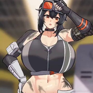 mihoyo, zenless zone zero, grace howard, miruyuyo, 1girl, bare shoulders, big breasts, black gloves, black hair, black sports bra, bouncing breasts, breasts, chocker, dirty, dirty body