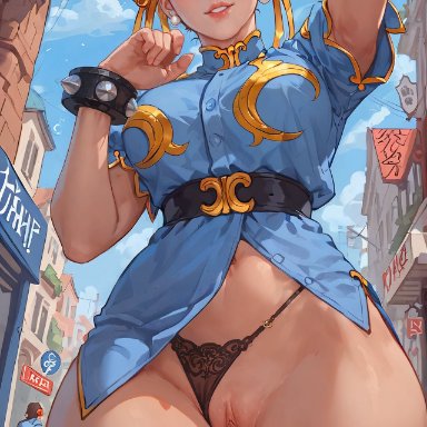 street fighter, chun-li, 1girls, bottomless, brown eyes, brown hair, chinese clothes, earrings, female, female focus, jewelry, looking at viewer, mature female, milf, panties